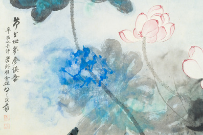 Suiveur de Zhang Daqian 張大千 (1898-1983): 'Lotus', encre et couleurs sur papier, dat&eacute; 1981