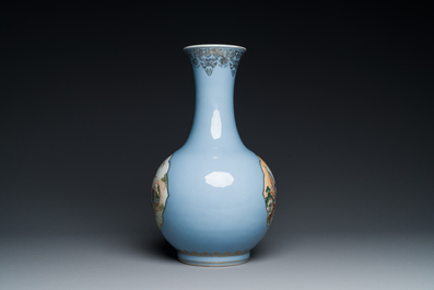 A Chinese famille rose lavender-blue-ground bottle vase, Qianlong mark, Republic