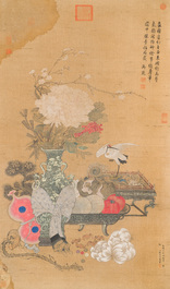 Chinese school: 'Two antiquities', ink and colours on silk, Qianlong seal mark, 19th C.