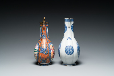 A Chinese famille rose 'mandarin subject' dragon-handled ewer and a blue and white 'floral medallion' ewer, Qianlong