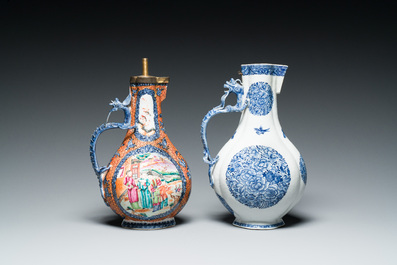 A Chinese famille rose 'mandarin subject' dragon-handled ewer and a blue and white 'floral medallion' ewer, Qianlong