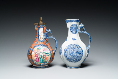 A Chinese famille rose 'mandarin subject' dragon-handled ewer and a blue and white 'floral medallion' ewer, Qianlong