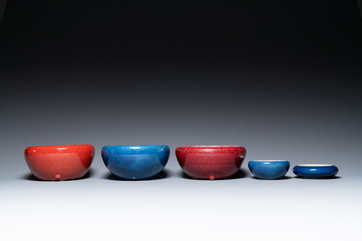Four Chinese blue- and flamb&eacute;-glazed censers and a brush washer, 19/20th C.