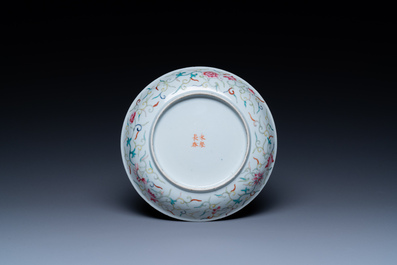 A Chinese turquoise-ground grisaille-decorated Dayazhai plate, Yong Qing Chang Chun 永慶長春 mark, Guangxu