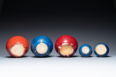 Four Chinese blue- and flamb&eacute;-glazed censers and a brush washer, 19/20th C.
