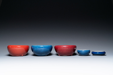 Four Chinese blue- and flamb&eacute;-glazed censers and a brush washer, 19/20th C.