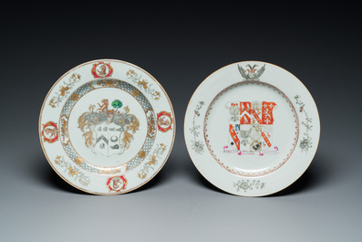 A Chinese grisaille armorial dish and two plates for the Dutch, English and Scottish markets, Qianlong
