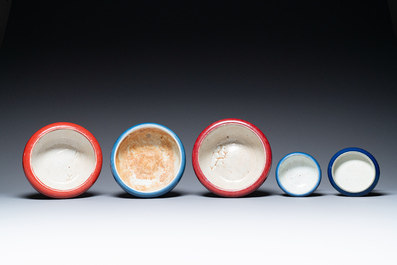 Four Chinese blue- and flamb&eacute;-glazed censers and a brush washer, 19/20th C.