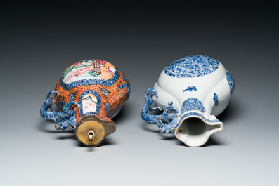 A Chinese famille rose 'mandarin subject' dragon-handled ewer and a blue and white 'floral medallion' ewer, Qianlong