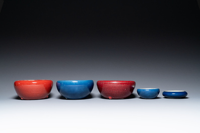 Four Chinese blue- and flamb&eacute;-glazed censers and a brush washer, 19/20th C.