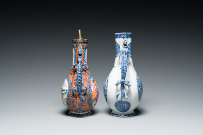 A Chinese famille rose 'mandarin subject' dragon-handled ewer and a blue and white 'floral medallion' ewer, Qianlong