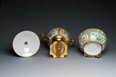 Een Chinese Canton famille rose dekselkom met vergulde montuur en een kom op vergulde bronzen voet, 19e eeuw