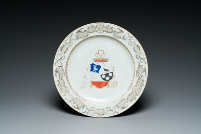 A Chinese grisaille armorial dish and two plates for the Dutch, English and Scottish markets, Qianlong