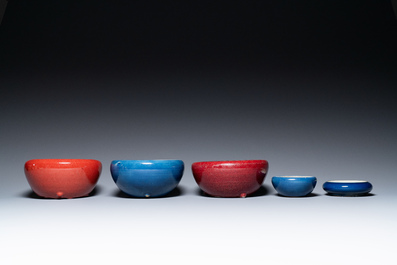 Four Chinese blue- and flamb&eacute;-glazed censers and a brush washer, 19/20th C.