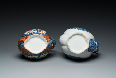 A Chinese famille rose 'mandarin subject' dragon-handled ewer and a blue and white 'floral medallion' ewer, Qianlong