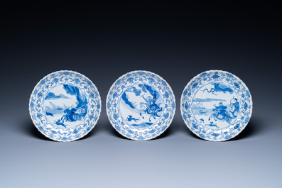Three Chinese blue and white 'Mongolian hunt' plates, Chenghua mark, Kangxi