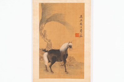 Suiveur de Zhao Mengfu 趙孟頫 (1254-1322): 'Quatre chevaux', encre et couleurs sur soie, 19/20&egrave;me