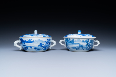 A pair of Chinese blue and white bowls and covers, Kangxi
