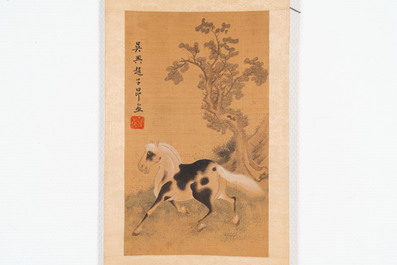 Suiveur de Zhao Mengfu 趙孟頫 (1254-1322): 'Quatre chevaux', encre et couleurs sur soie, 19/20&egrave;me
