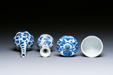 Two Chinese blue and white vases and a covered bowl, Kangxi
