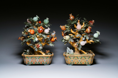A pair of Chinese precious stone and lacquer trees in cloisonn&eacute; jardini&egrave;res, 19/20th C.