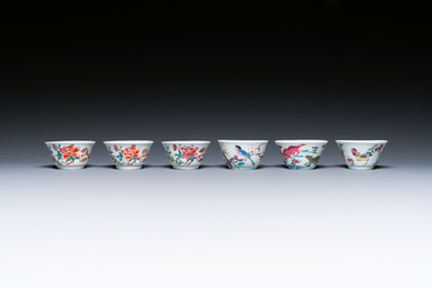Seven Chinese famille rose cups and saucers, Yongzheng