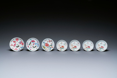 Seven Chinese famille rose cups and saucers, Yongzheng