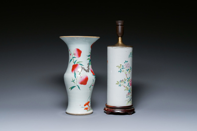 A Chinese famille rose 'nine peaches' vase and a lamp-mounted hat stand, 19th C.