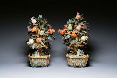 A pair of Chinese precious stone and lacquer trees in cloisonn&eacute; jardini&egrave;res, 19/20th C.