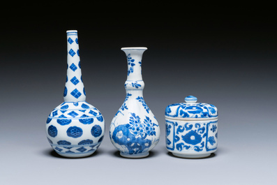 Two Chinese blue and white vases and a covered bowl, Kangxi