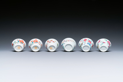 Seven Chinese famille rose cups and saucers, Yongzheng