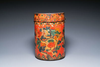 A large leather-clad wooden box and cover painted with dragons on a red ground, Tibet, 17/18th C.