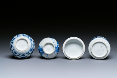 Two Chinese blue and white vases and a covered bowl, Kangxi