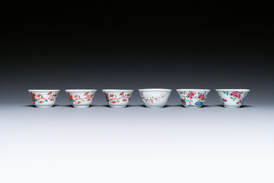Seven Chinese famille rose cups and saucers, Yongzheng