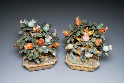 A pair of Chinese precious stone and lacquer trees in cloisonn&eacute; jardini&egrave;res, 19/20th C.
