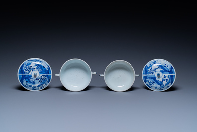 A pair of Chinese blue and white bowls and covers, Kangxi