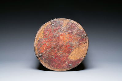 A large leather-clad wooden box and cover painted with dragons on a red ground, Tibet, 17/18th C.