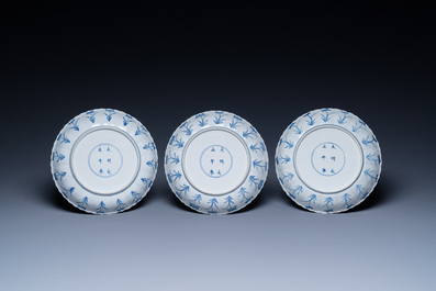 Three Chinese blue and white 'Mongolian hunt' plates, Chenghua mark, Kangxi