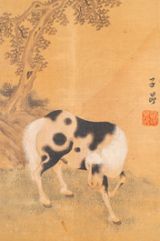 Suiveur de Zhao Mengfu 趙孟頫 (1254-1322): 'Quatre chevaux', encre et couleurs sur soie, 19/20&egrave;me