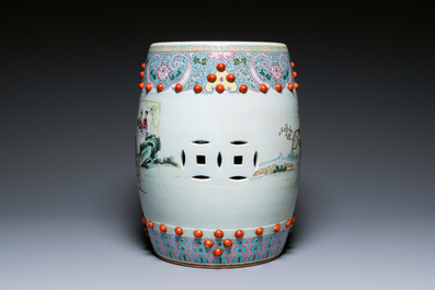 A Chinese famille rose garden seat with ladies in a garden, 20th C.