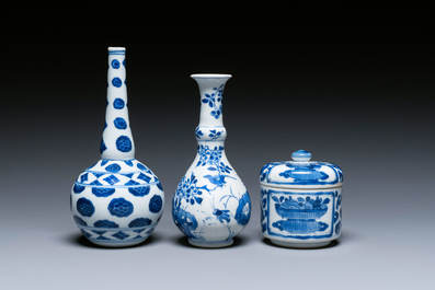 Two Chinese blue and white vases and a covered bowl, Kangxi