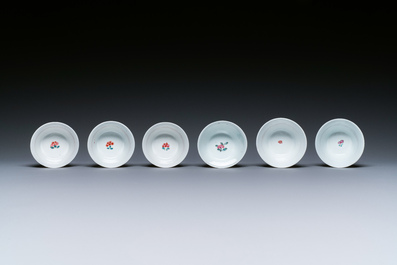 Seven Chinese famille rose cups and saucers, Yongzheng