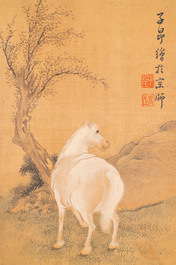 Suiveur de Zhao Mengfu 趙孟頫 (1254-1322): 'Quatre chevaux', encre et couleurs sur soie, 19/20&egrave;me