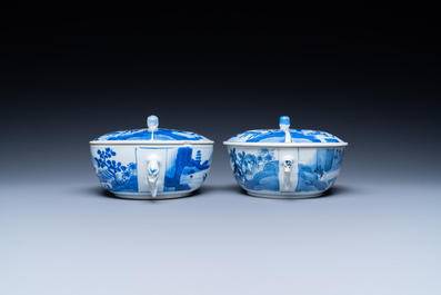 A pair of Chinese blue and white bowls and covers, Kangxi