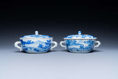 A pair of Chinese blue and white bowls and covers, Kangxi