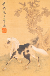 Suiveur de Zhao Mengfu 趙孟頫 (1254-1322): 'Quatre chevaux', encre et couleurs sur soie, 19/20&egrave;me