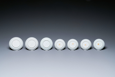 Seven Chinese famille rose cups and saucers, Yongzheng