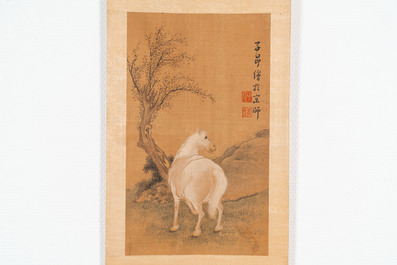Suiveur de Zhao Mengfu 趙孟頫 (1254-1322): 'Quatre chevaux', encre et couleurs sur soie, 19/20&egrave;me
