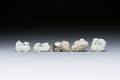 Five Chinese white, celadon and grey-black jade carvings, Qing/Republic