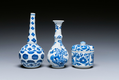 Two Chinese blue and white vases and a covered bowl, Kangxi